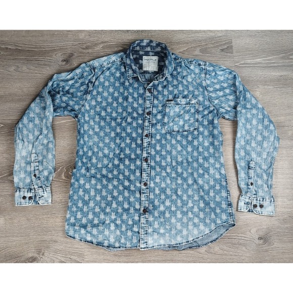 People Denim Goods Shirt Men Blue Button Up Cotton 44 Slim Collar All Over Print - Picture 1 of 9